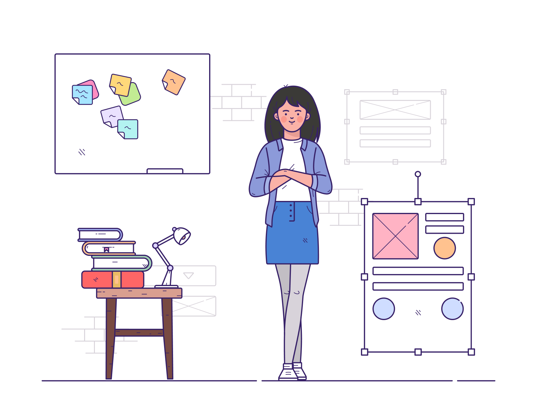 Illustration of a student standing in an office beside a photocopier and holding a cup, with a whiteboard with sticky notes behind her.